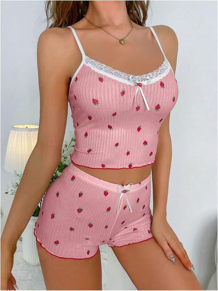 Strawberry Print Camisole Shorts Pajama Set with Bow - Women's Summer Loungewear