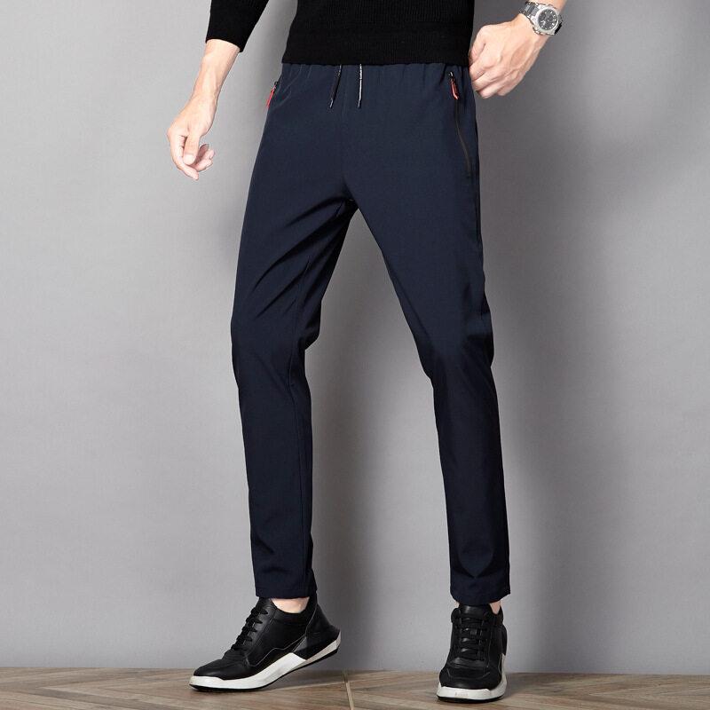 Men's Ice Silk Pants Summer Men's Casual Sports Pants Gray Zipper Pockets Slim Straight Breathable Lightweight Cool Feeling