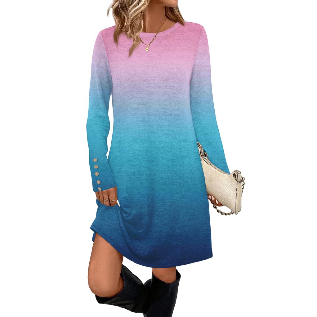 Damenmode Freizeitkleid mit Tasche, dekorativen Knöpfen, Rundhalsausschnitt und langen Ärmeln