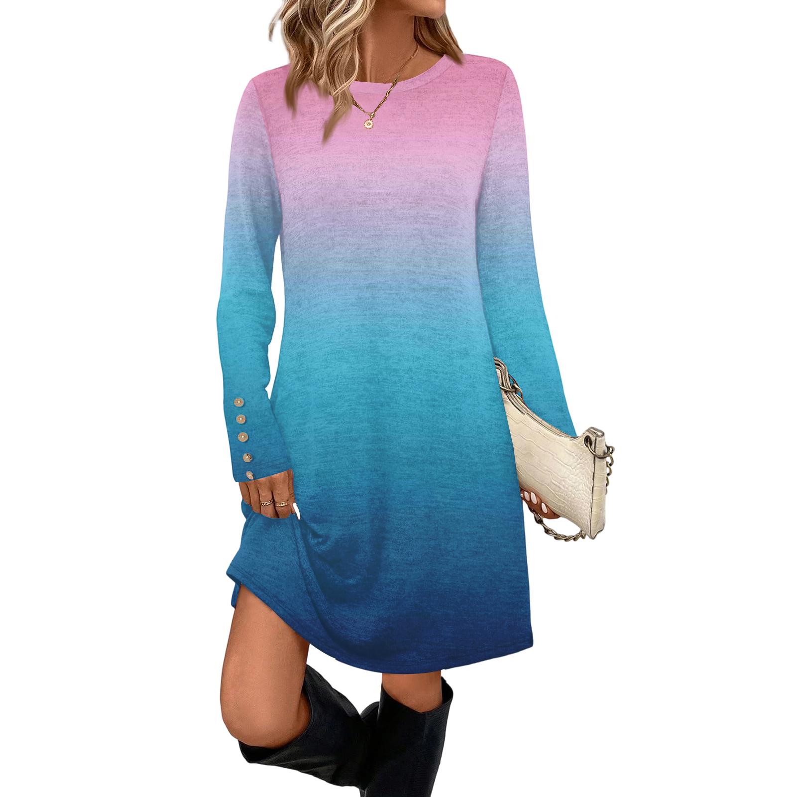 

Women s Fashion Casual Dress with Pocket Decorative Buttons, Round Neck and Long Sleeves L