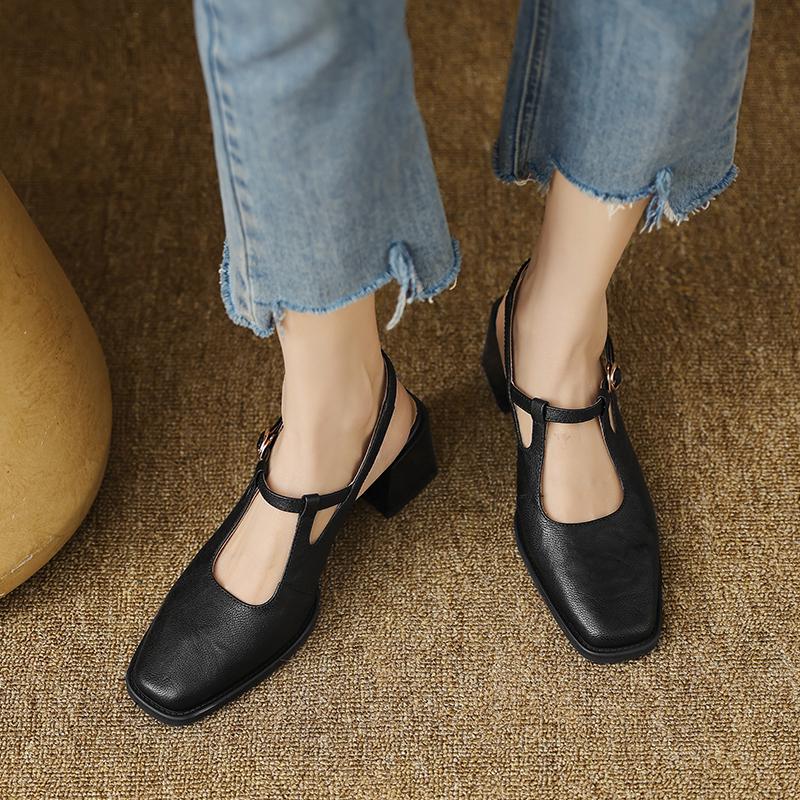 Fashion 2025 New Top Quality Genuine Leather Women Sandals Vintage T-Strap Square Toe Thick Heels Shoes Woman Summer Office Ladies Pumps