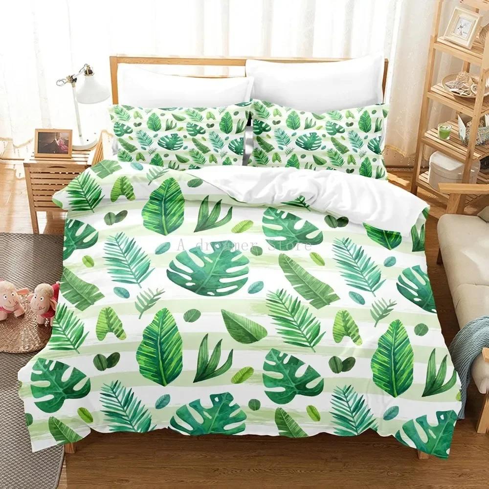New 3D Green Palm Leave Fashion Comfortable Duvet Quilt Cover Pillowcase Bedding Set Children Bedroom Decoration Home Textile