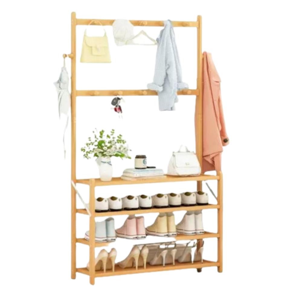 Bamboo Hanger, Shoe Rack, Shelf, Hall Stand, 4 Shelves, Hooks, Footwear