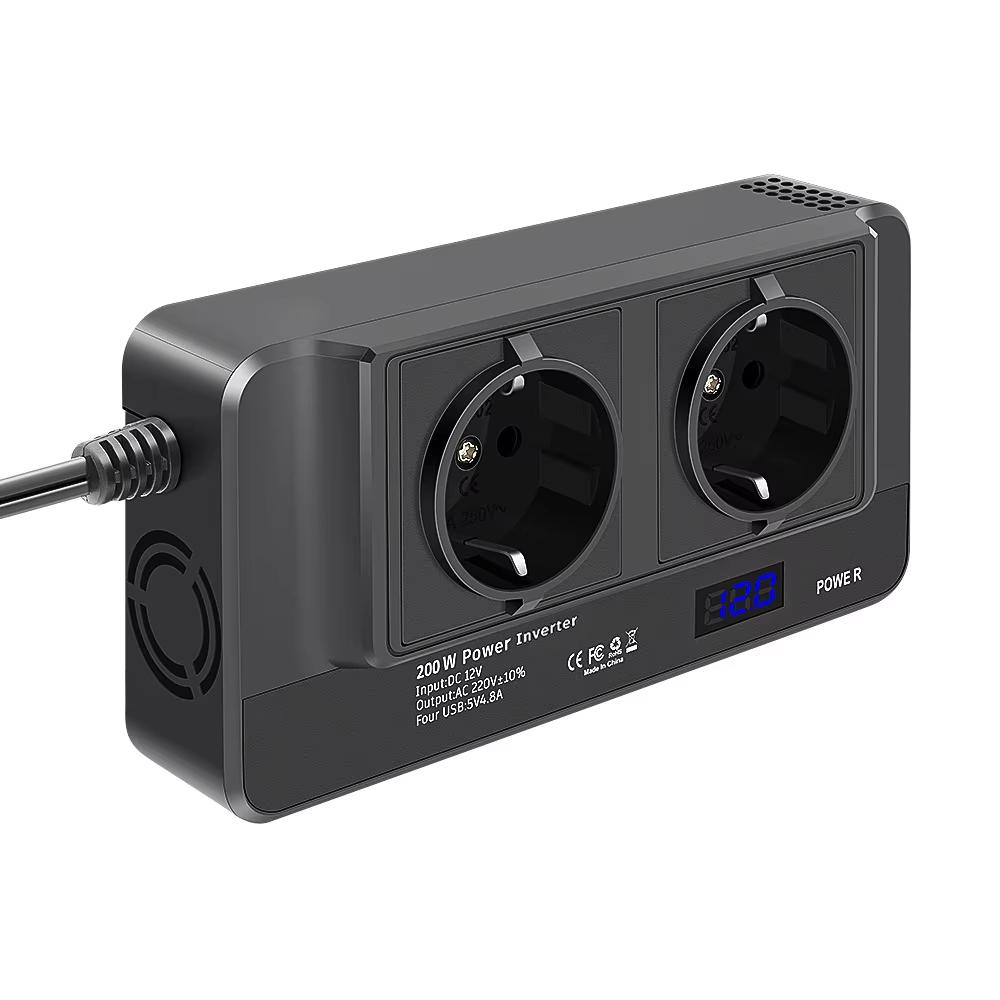 12V To 220V Converter Digital Display 200W Car Power Inverter with Dual EU Sockets and 4 USB Ports