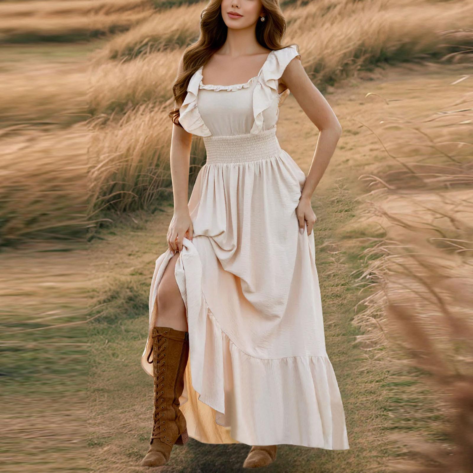 

Women s Fashion Retro One Neck Strapless Slim Ruffle Colour Dresses M бежевий