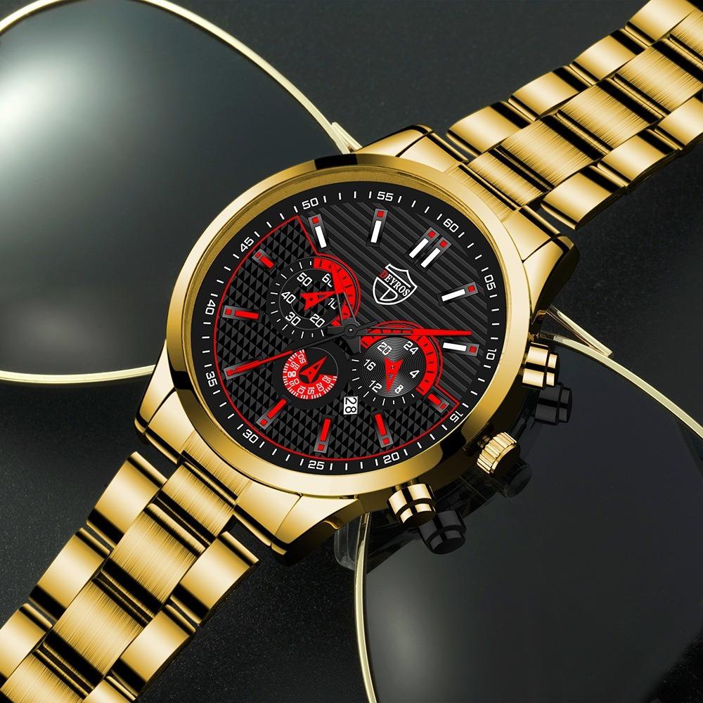 DEYROS Fashion Men's Calendar Steel Strap Watch Men's Casual Fake Three Eyes Quartz Wristwatch, Best Choice for Men's Gifts