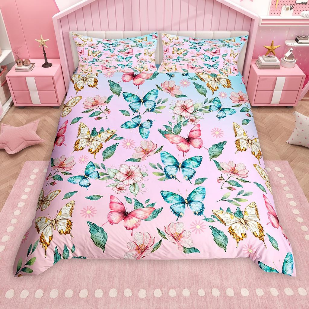 Homewish Girls Butterfly Duvet Cover Set, Chic Glitter Sequin Print Bed Set, Wild Animal Quilt Cover Set