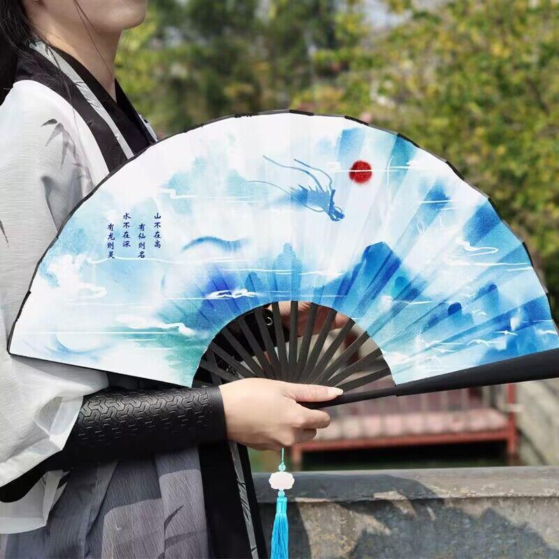 Summer Outdoor Decorative Folding Fan Bamboo And Wood Cloth Face Large Size Double-Sided Hand Fan Home Decoration Chinese Gift