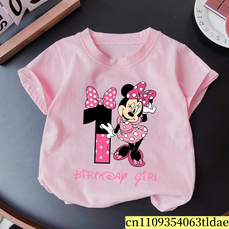 Minnie Mouse Girl Number T Shirt Pink Birthday Party Clothes Cartoon Toddler Cotton Tops Cute Short Sleeve Tees Kids Gift