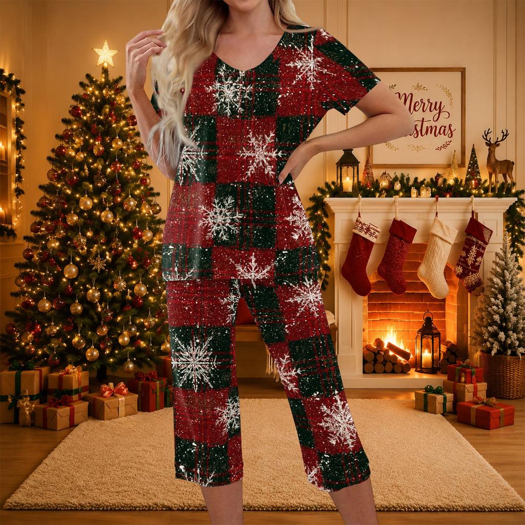 Women's Two-Piece Outfit Set with Christmas Print Short Sleeve Top and Pants