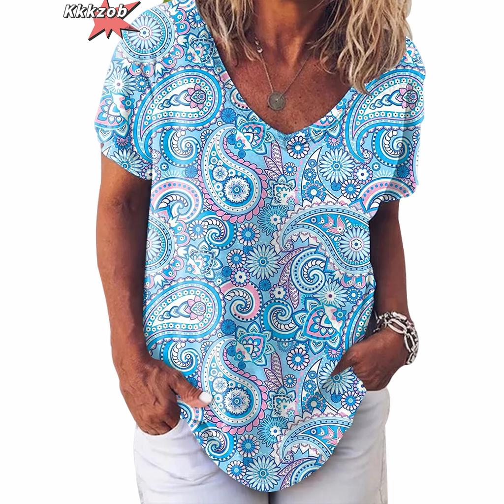 Vintage Print Top Women Short Sleeved Streetwear Summer Tee Women's Fashion Casual V Neck T Shirts Y2k Oversized Female Clothing