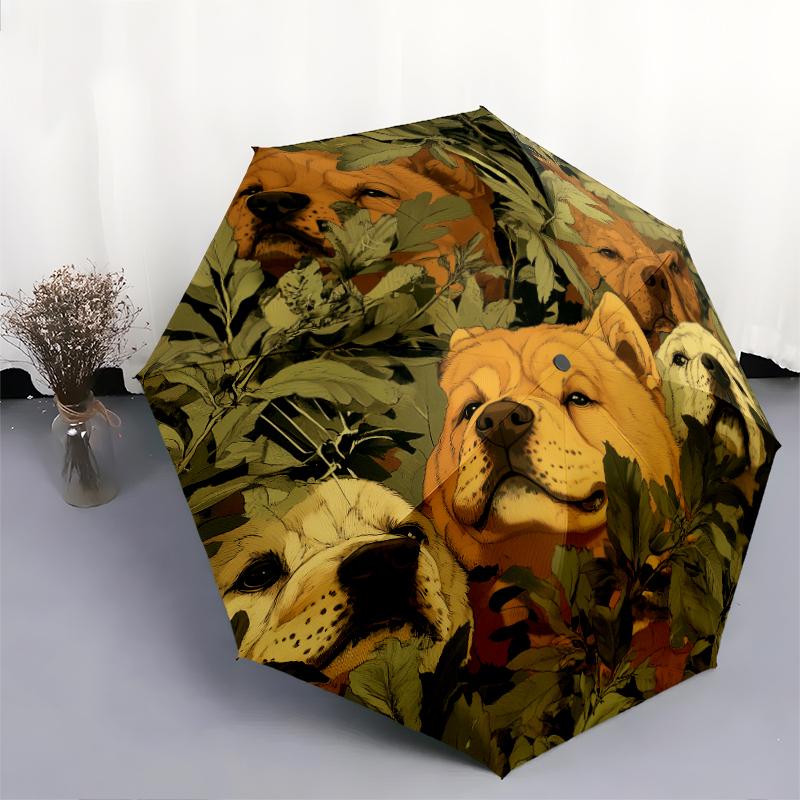 Chow Chow and Leaves Pattern, Automatic Folding Umbrella, Portable and Foldable Design, 8 Ribs, a Christmas or Birthday Gift.