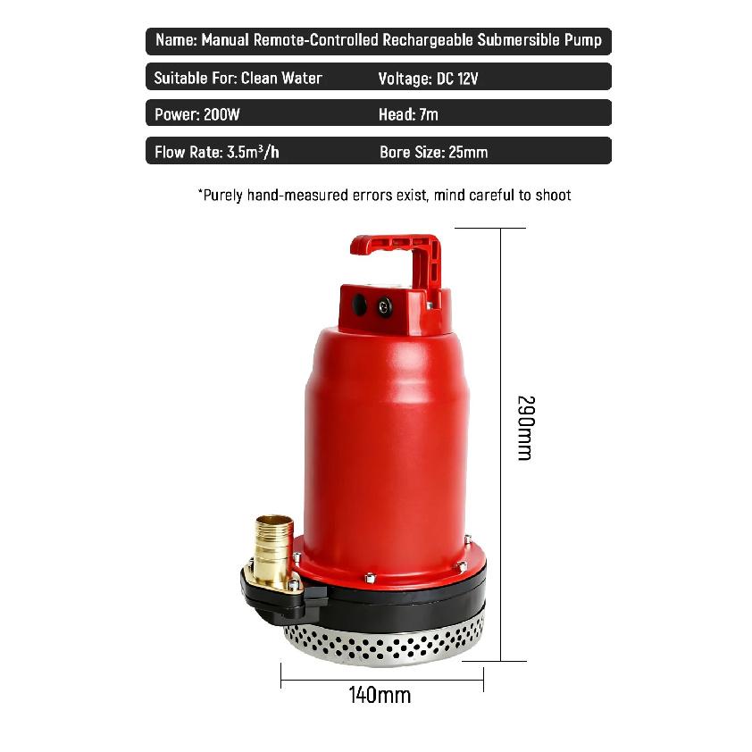 Rechargeable Lithium Battery DC Submersible Pump Remote Control 12V 200W High Flow 3.5m³/H 7M Head Agricultural Irrigation