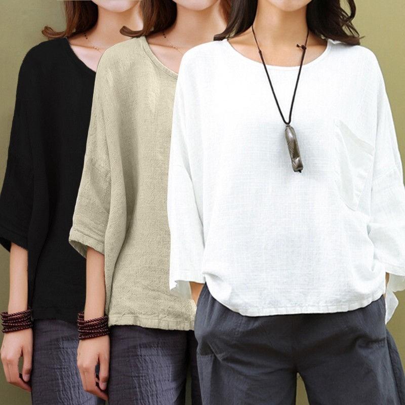 Vintage Women 34 Sleeve O Neck Cotton Linen Loose Casual Shirt Top Blouse