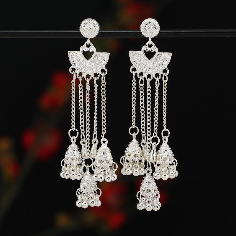 Retro ethnic style stud earrings, long birdcage bells, fringed earrings, bohemian temperament, personalized earrings, earrings for women
