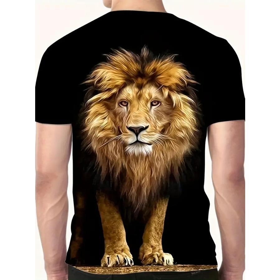 Letní nálada Lví potiskové tričko - Pružný kulatý výstřih, Ležérní pouliční měkký prodyšný pohodlný střih, Ideální pro letní vycházky Pánské módní tričko