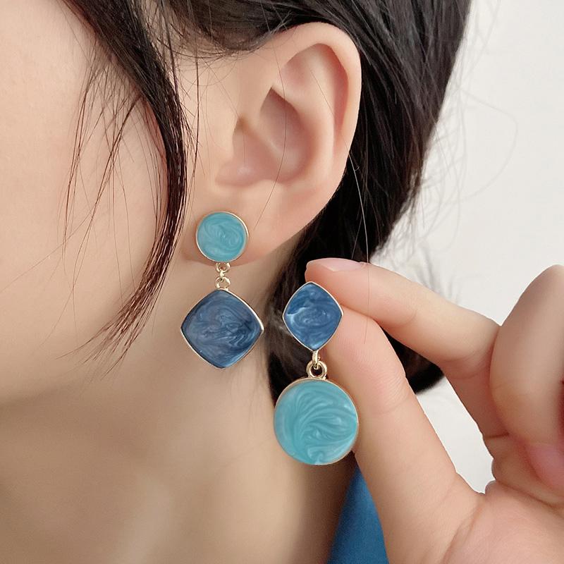 Asymmetrical Enamel Dangle Earrings for Women Korean Blue Round Pendants Geometric Drop Earrings boucle oreille femme