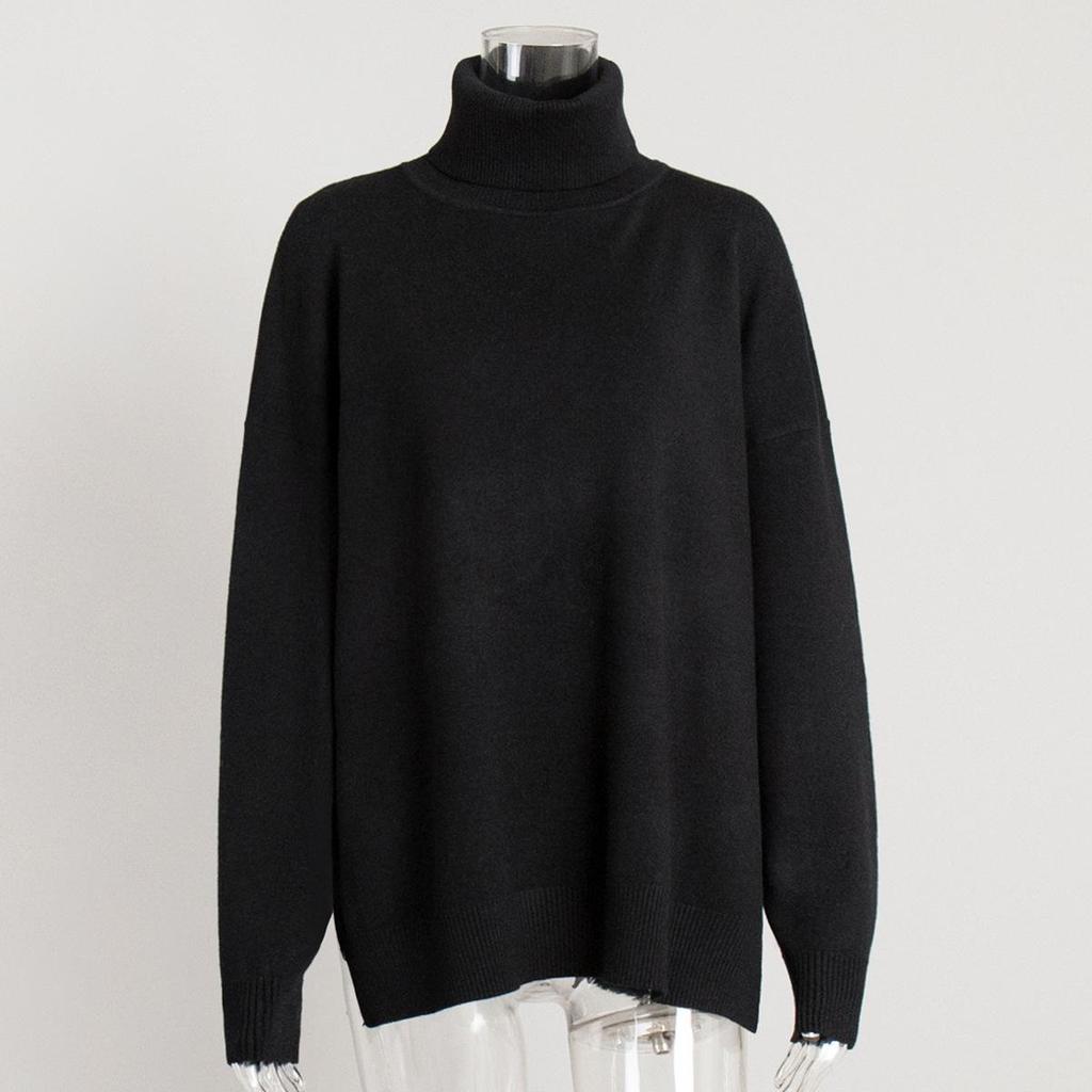 Women's High Neck Sweater Autumn and Winter Casual Open Loose Solid Color Knitted Sweater