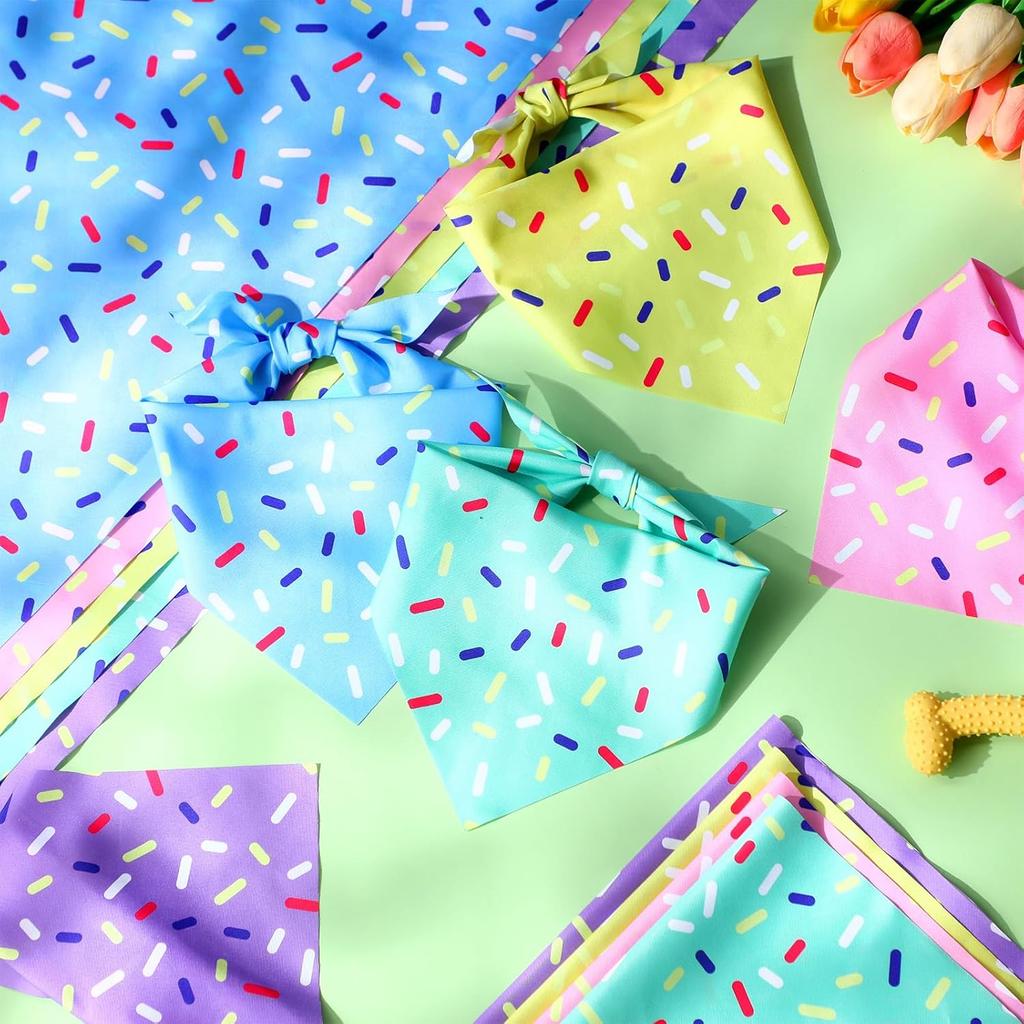Sanwuta 50 Pcs Birthday Dog Bandanas Bulk, Donut Confetti Design, Pink Yellow Blue Green Purple Triangle Kerchief Bibs Scarf, Pets Doggie Birthday
