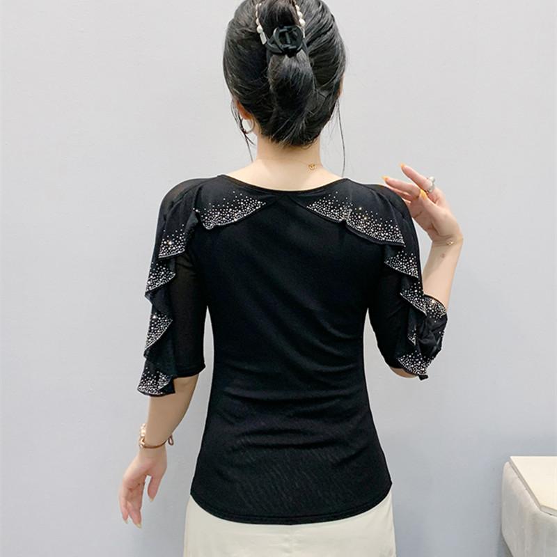New Summer Streetwear Girl Chic Ruffled Hot Diamonds T-Shirt Clothes Fashion V-Neck Half Sleeved Mesh Tops Women's Tees Blusas