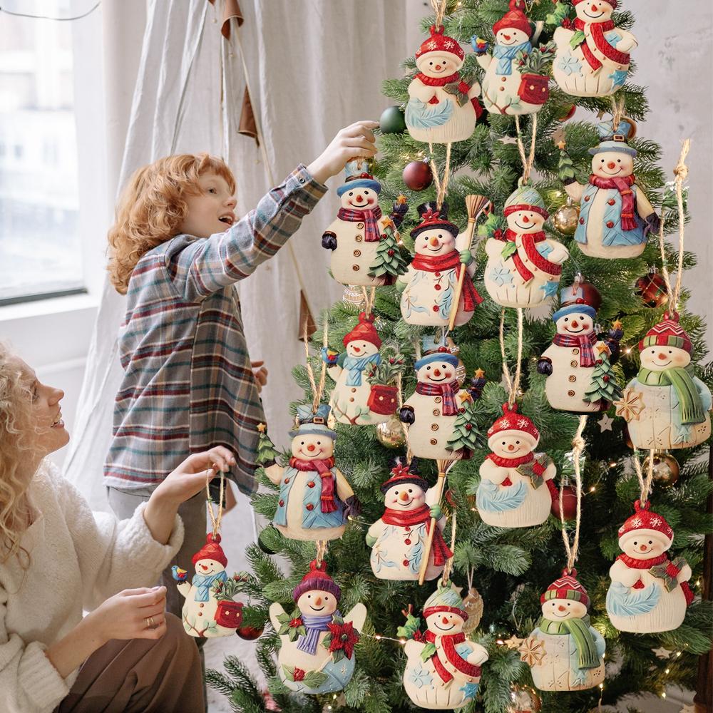 18PCS Christmas Pendents Set Cartoon Wooden Snowman Ornament with Lanyard Festive Christmas Party Home DIY Decoration