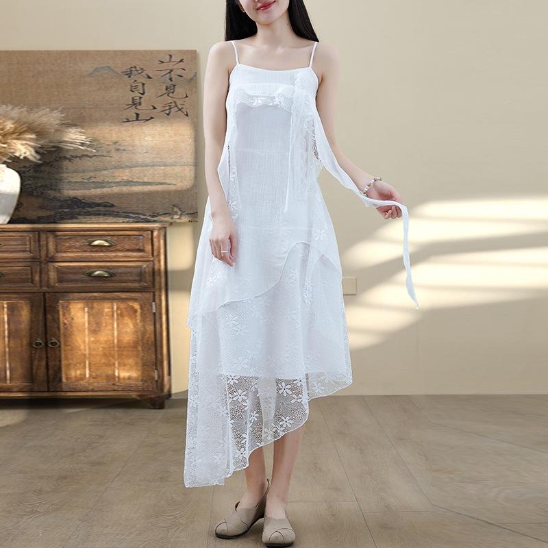 

2025 лето новое однотонное платье-труба женское пляжное платье для отдыха средней и длинной юбки с подтяжками из газовой ткани 2XL белый