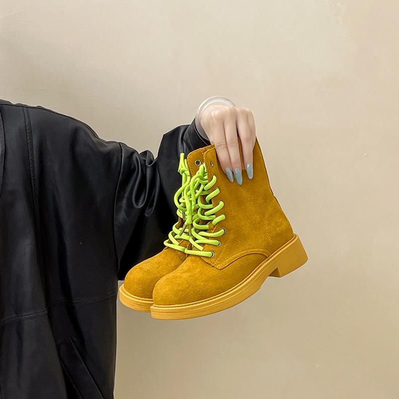 Retro contrasting color platform versatile strap-up square heel short boots autumn and winter fashion suede strap women's shoes thick heel Martin