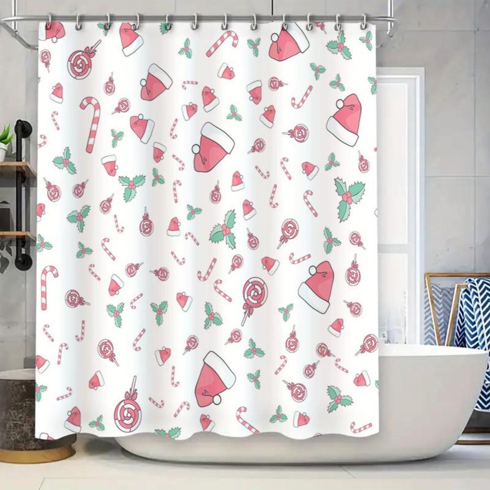 

Рождественская конфета «леденец» Шапка Санты Принт Водонепроницаемая тканевая шторка для душа с крючками для декора ванной комнаты (белый) 90x180cm