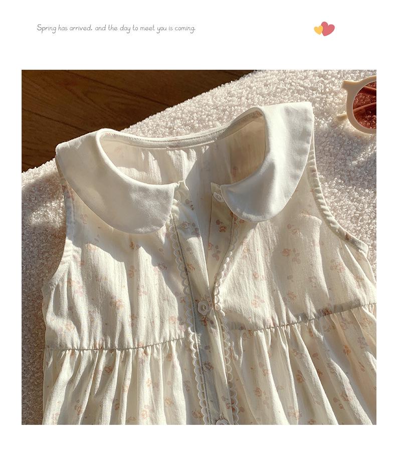 Korean Style Girls' Floral Dress - Summer 2026 Cotton Lace Sleeveless with Doll Collar