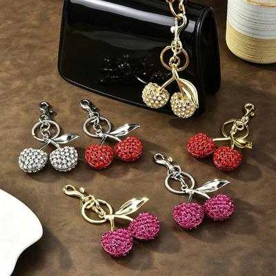 Keychain Pendant Rhinestone Inlaid Cherry Shape Key Chain with Alloy Lobster Clasp Bag Charm Lightweight Backpack Accessory