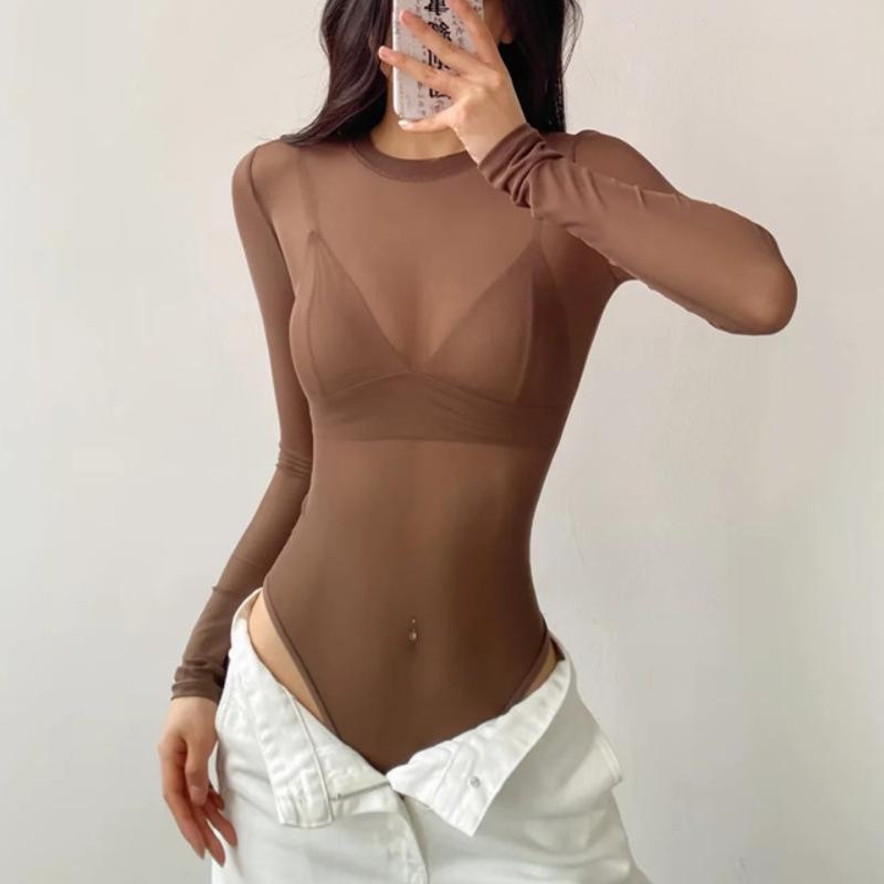 2024 Summer Mesh See-Through Round Neck Long Sleeve Bodysuit