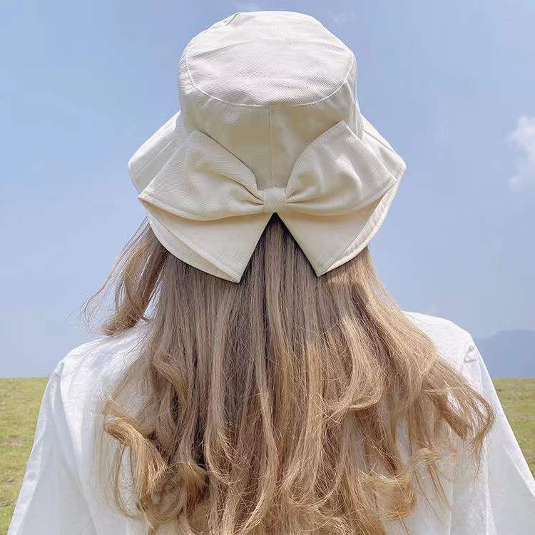 Vielseitiger Eimerhut Damen Frühling und Herbst Reine Baumwolle Hinten geteilte Schleife Mode Lässig Sonnenschutz Sonnenhut Koreanische Version Hut Damen