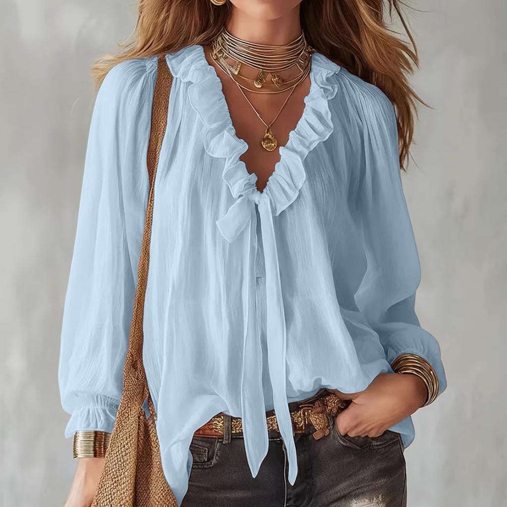 Women's  Fashionable Color V-neck Long Sleeved Tied Loose Shirt Top