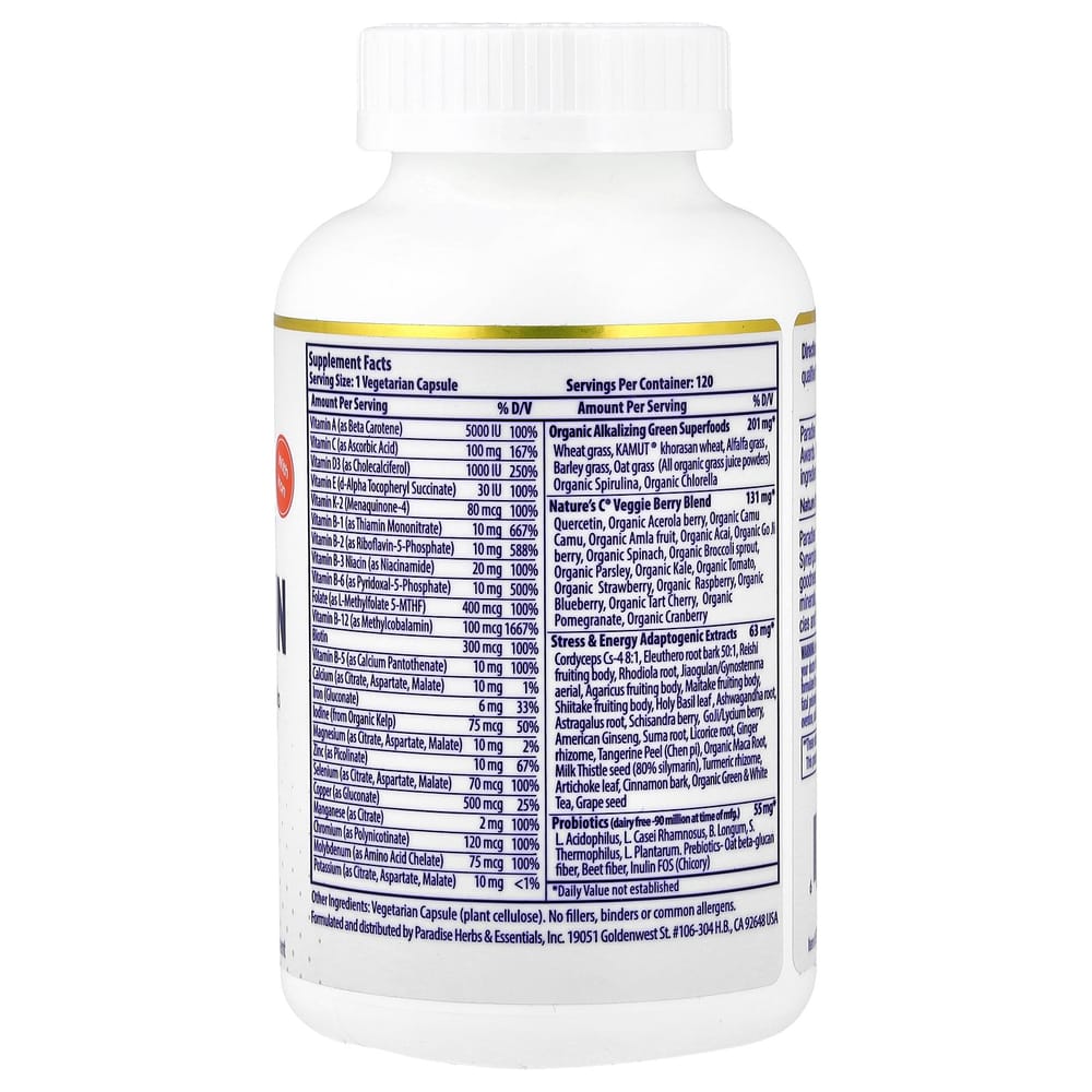 Paradise Herbs Earth's Blend One Daily Superfood Multivitamin with Iron, 120 Veggie Capsules