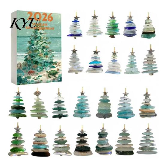 Beach Style Holiday Decor 2026 Sea Glass Christmas Countdown Calendar Blind Box, 24Pcs Coastal Theme Ornaments Acrylic Tree Hanging Ornaments,