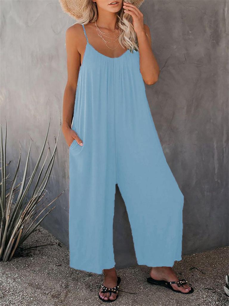 2026 Sommer Damen einfarbiger Jumpsuit mit aufgesetzten Taschen und Trägern - Lockere lässige Passform lange Hosen