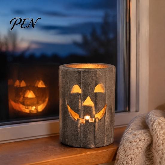 Halloween Gift for Home Decor Pumpkin Candle Holder, Resin Hollow Candlestick, Vintage Country Decorative Ghost Table Ornaments Style Lantern Tabletop