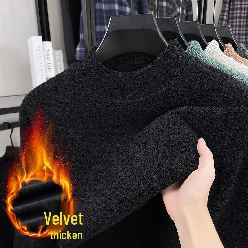 Men's Fleece-Lined Half-High Neck Sweater: Warm, Thick, Knitted Pullover for Autumn & Winter.