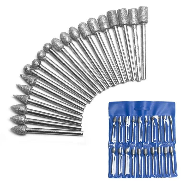20 Pcs Accessories Diamond Grinding Heads Mini Drill Burrs Bit Set 3Mm Shank Grinding Head Forjade And Stone