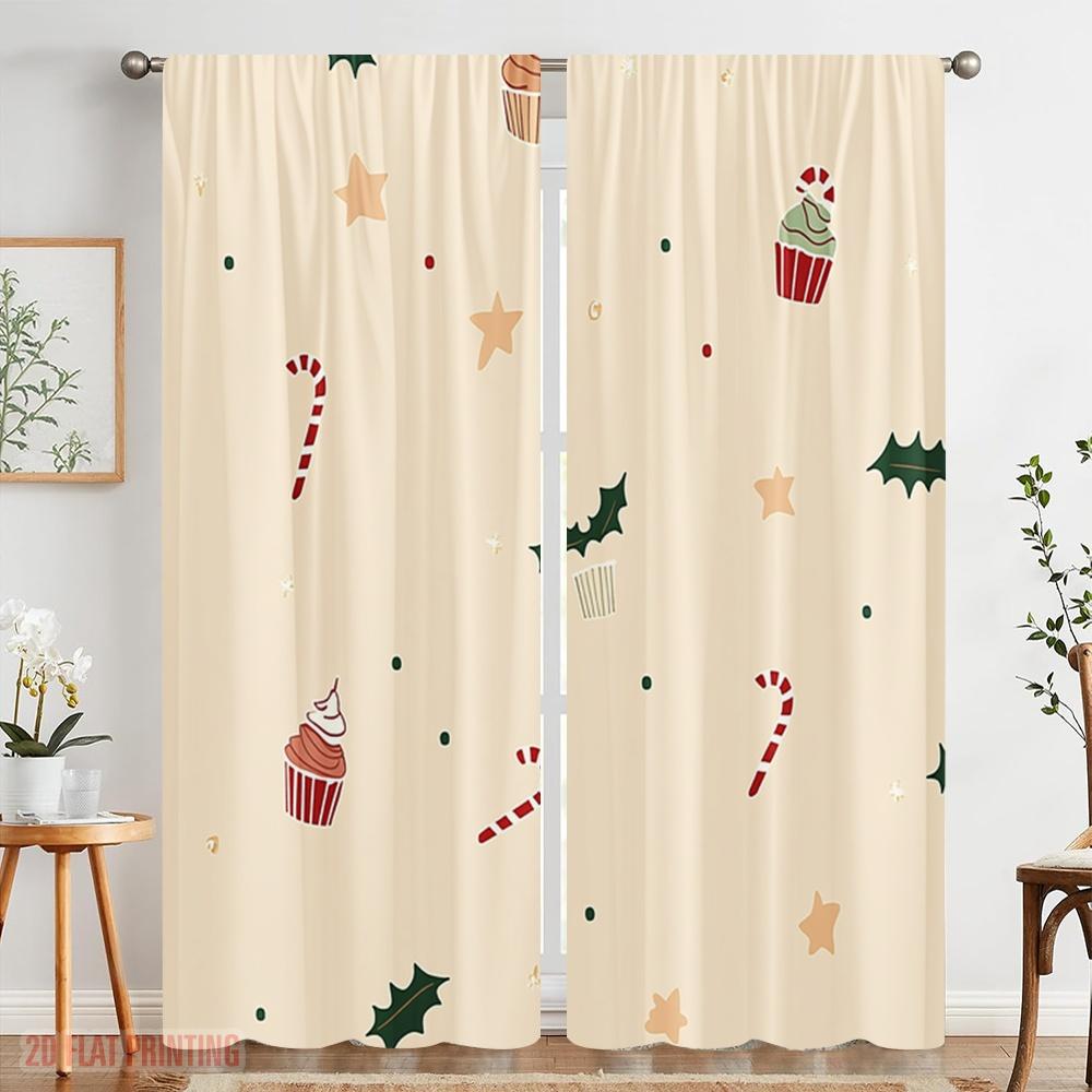 2 Stück, 2D-Flachdruck Vorhänge Digital bedruckt Weihnachten Süßigkeiten Sterne Cupcakes (2) Polyester gewebt (ohne Stange) Festliches Ideal