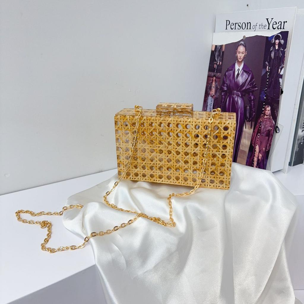 Vintage Dinner Clutch Bag Rattan Acrylic Bag Shoulder Bag Chain Messenger Women'S Bag