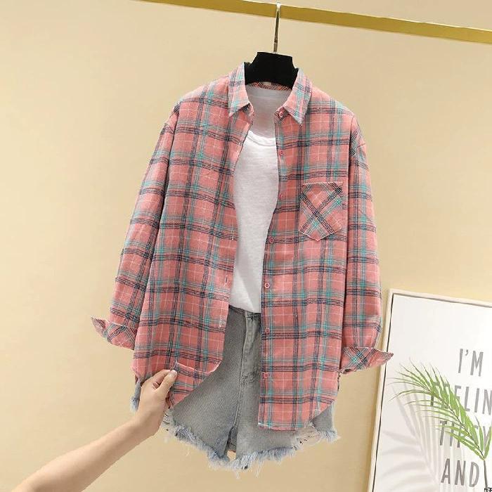 Lente Herfst Mode Shirt Grote Maat Lange Klassieke Mouw Enkelrijig Kraag Opgestikte Zak Los Geruit Print Casual Shirt Blouse