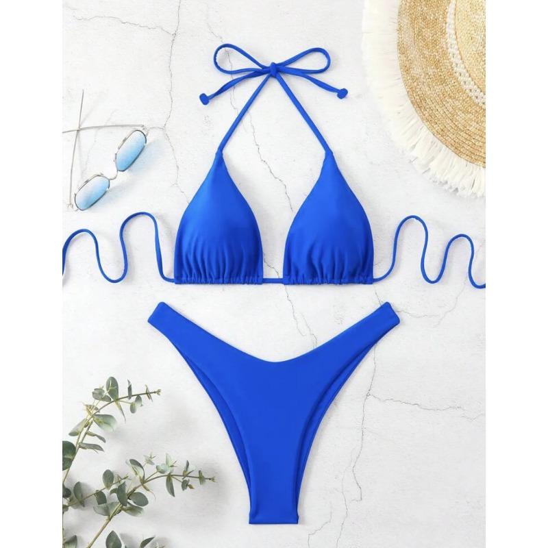 Sexy Solid Halter Lace Up Low Waist Bikini Set Women's 2 Pieces Swimsuit Triangle Thong Swimwear Bathing Suit Brazilian Biquini