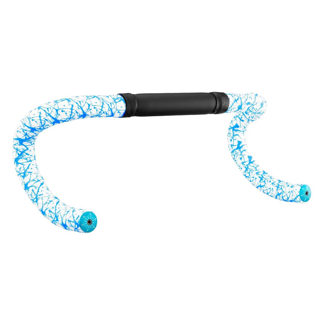 Supacaz Cycling Handlebar Tape - Super Sticky Kush - Splat - Limited - White with Neon Blue + Neon Blue Star Plugz