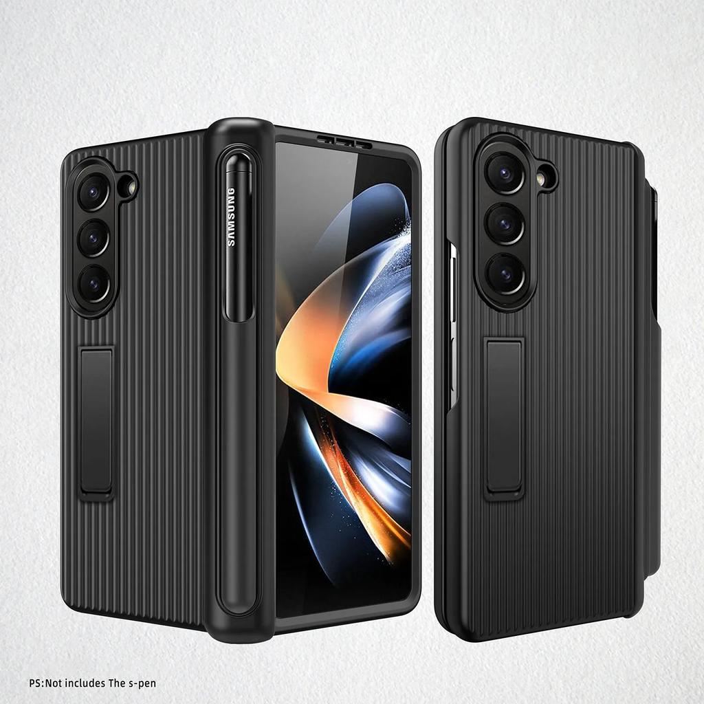 Matte Bracket Folding Hinge Pen Holder for Samsung Galaxy Z Fold 5 Case with Tempered Film Shockproof Stand Protection Hard Back Full Protection Cover