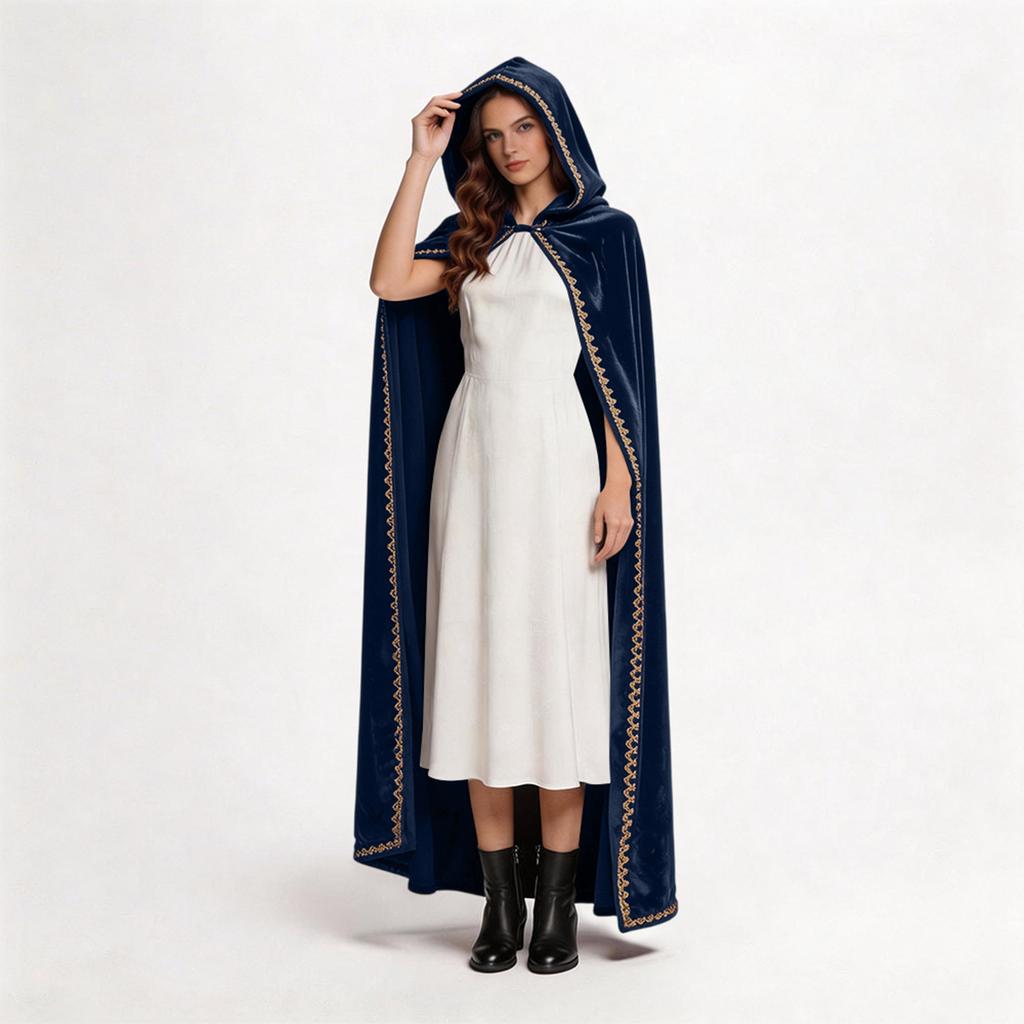 Manteau à Capuche en Velours pour Femme Longue Cape avec Passementerie Décorative pour Costume d'Halloween Cosplay et Événements Thématiques