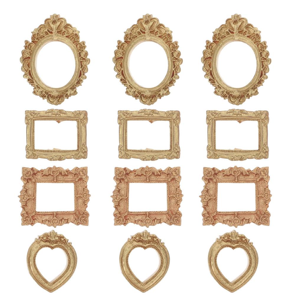 FRCOLOR Mini Photo Frame Set, Resin with Gold Finish, Miniature Dollhouse Accessory, Vintage Wall Hanging and Tabletop Display, Small Picture Frame,