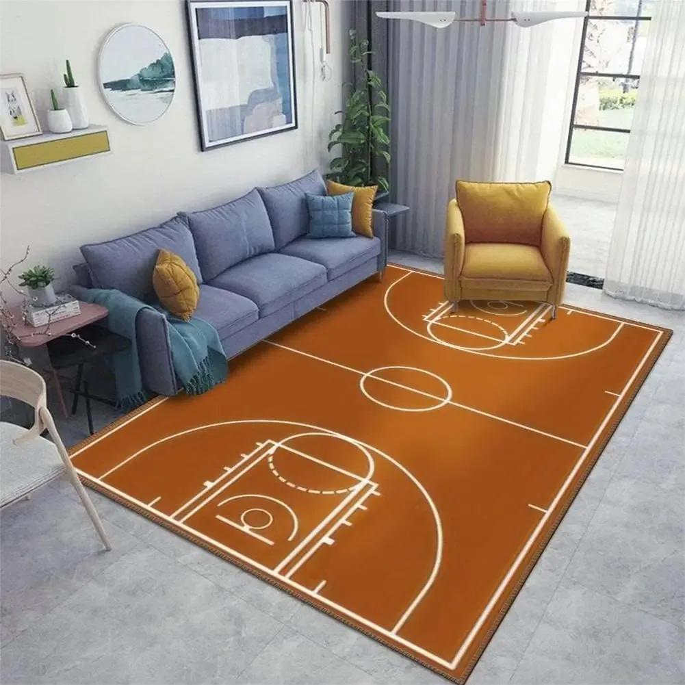 Basketball Court Pattern Carpet Mat Non-Slip Rug HomeDecoration for LivingRoom Floor Mat Brown OrangeWood Color Sports Theme Rug