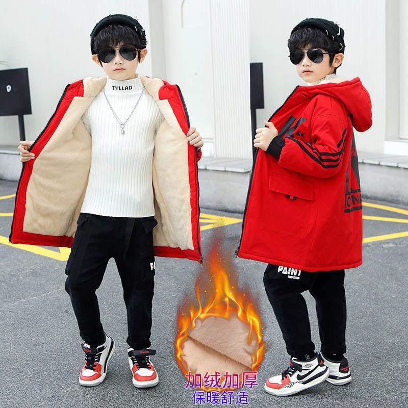 Boys' Plush Thick Coat Winter Clothing Middle and Large Children's Cotton Jacket Boys' Top Children's Medium and Long Wind Jacket