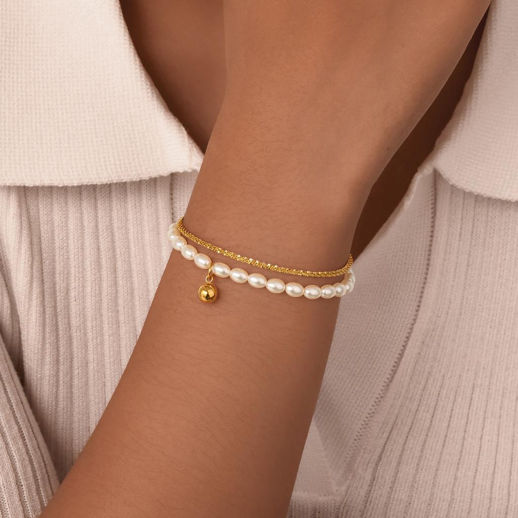 Double Layer Stacked Bracelet Stainless Steel Gypsophila Chain Imitation Pearl Ball Bracelets For Women Gold Color Jewelry
